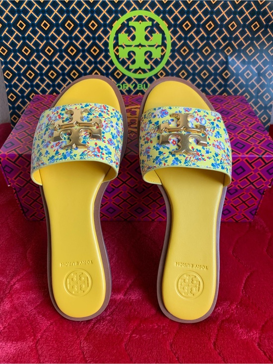 Tory Burch Shoes - Tory Burch Yellow Floral Logo Slide Sandals with Gold Hardware